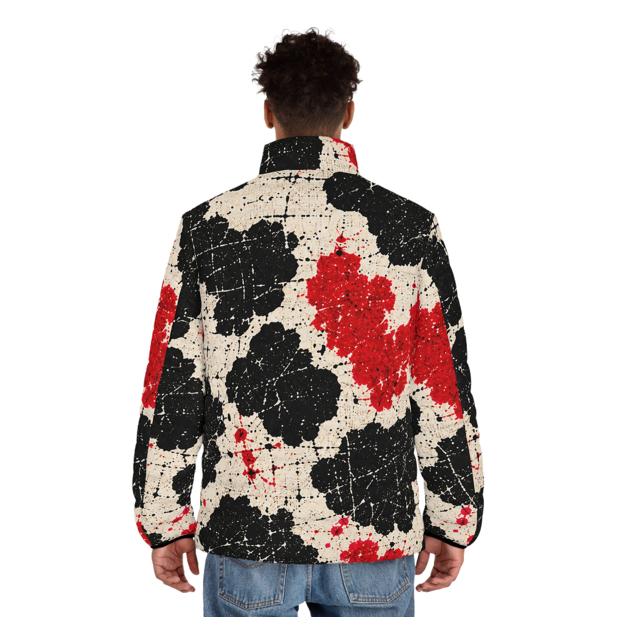 Moo Crew Calling The Here Men’s Puffer Jacket – Red, Black & Cream Abstract Splatter Print