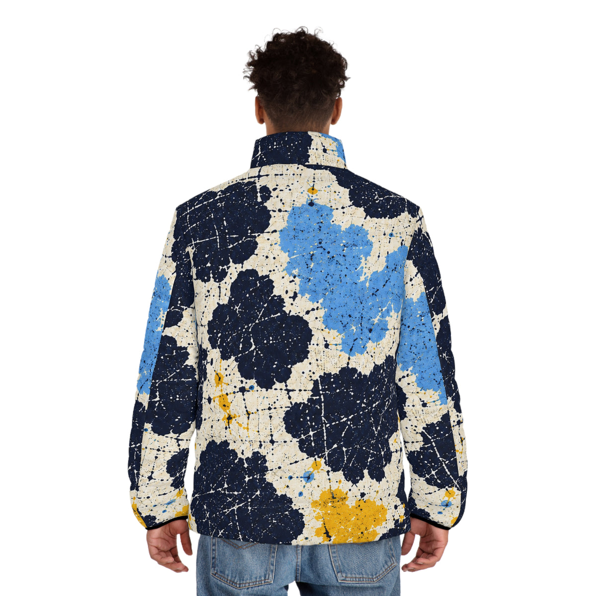 Moo Crew Call The Herd Puffer Men’s Abstract Blue, Navy & Yellow Printed Puffer Jacket