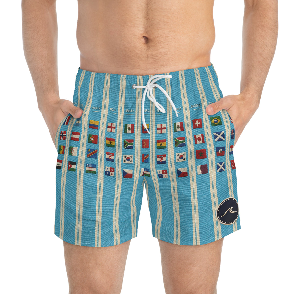 Surfache World Cup Groups 2026- Flags Swim Trunks — Retro Striped Vacation Boardshorts