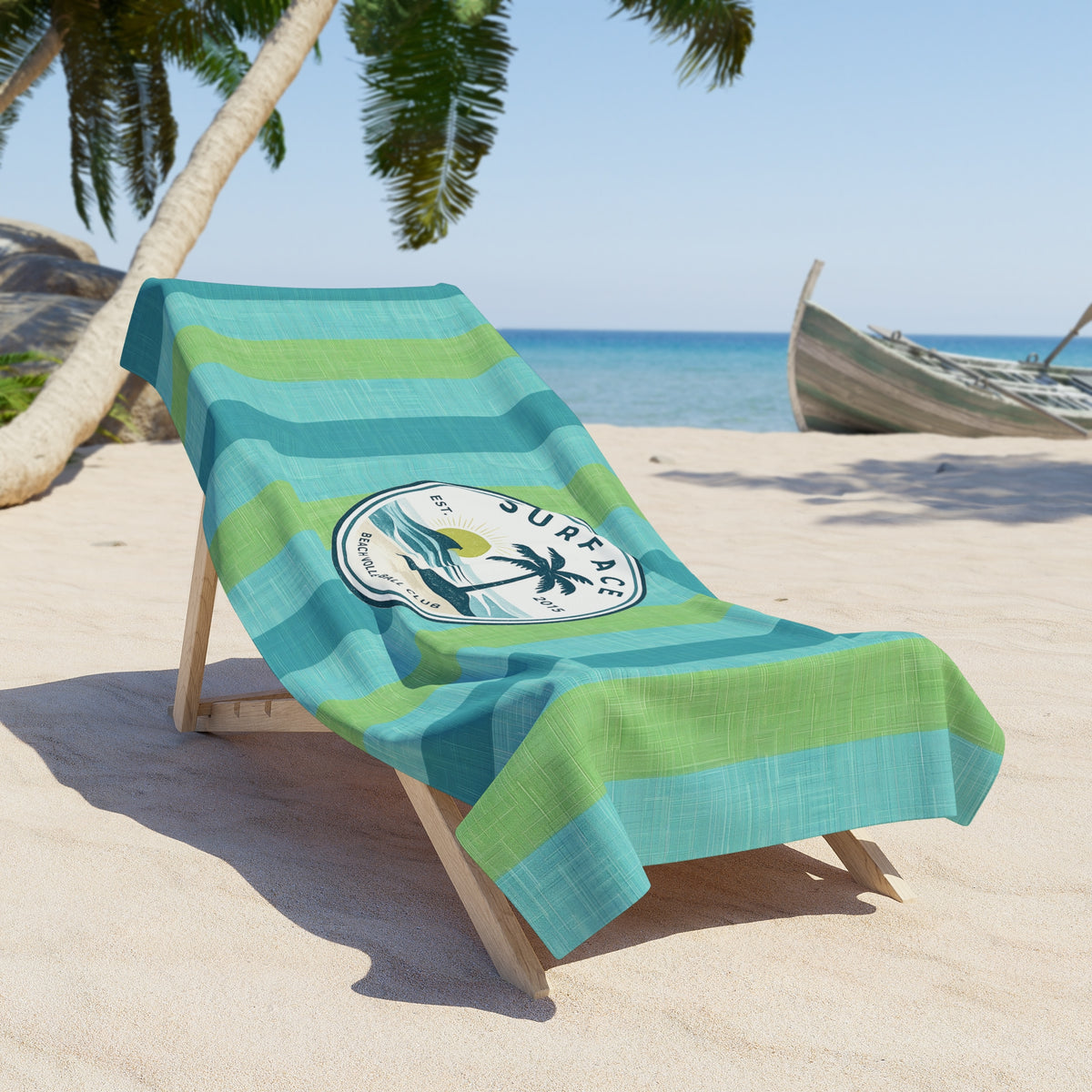 Surf Logo Beach Towel — Striped Tropical Palm Design