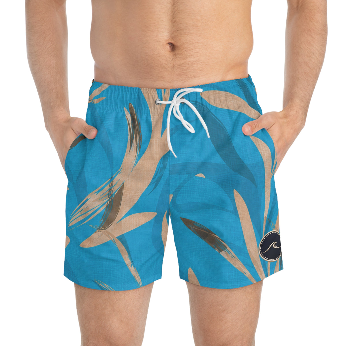 Surfache Tropical Blue Swim Trunks — Palm Leaf AOP Beach Shorts