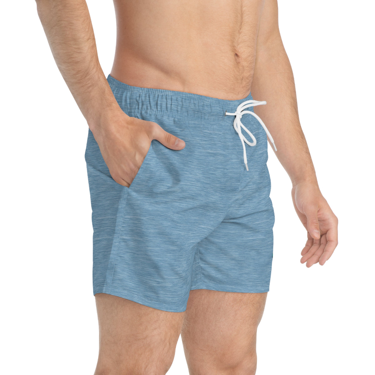 Blue Heather Swim Trunks with Tropical Parrot Patch — Men's Beach Swim Shorts