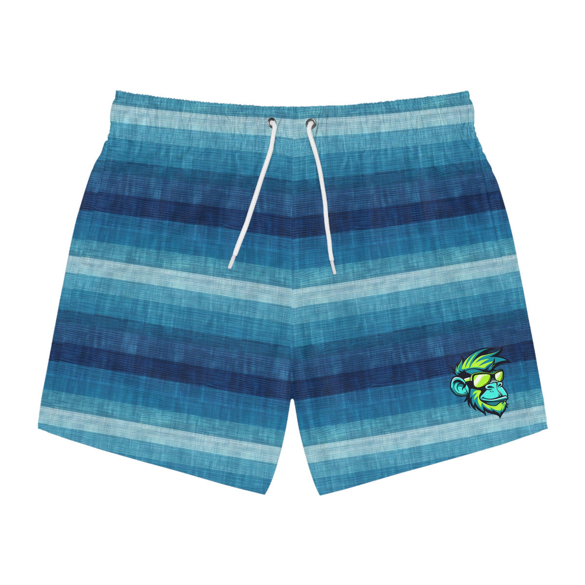 Blue Striped Swim Trunks with Tropical Monkey Logo