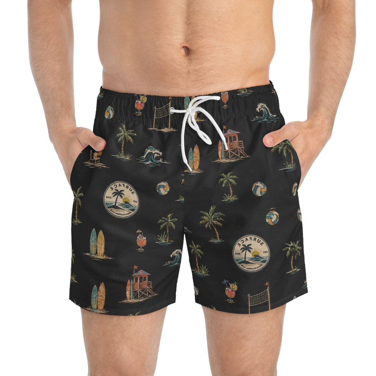Tropical Beach Swim Trunks — Vintage Surf & Palm Print