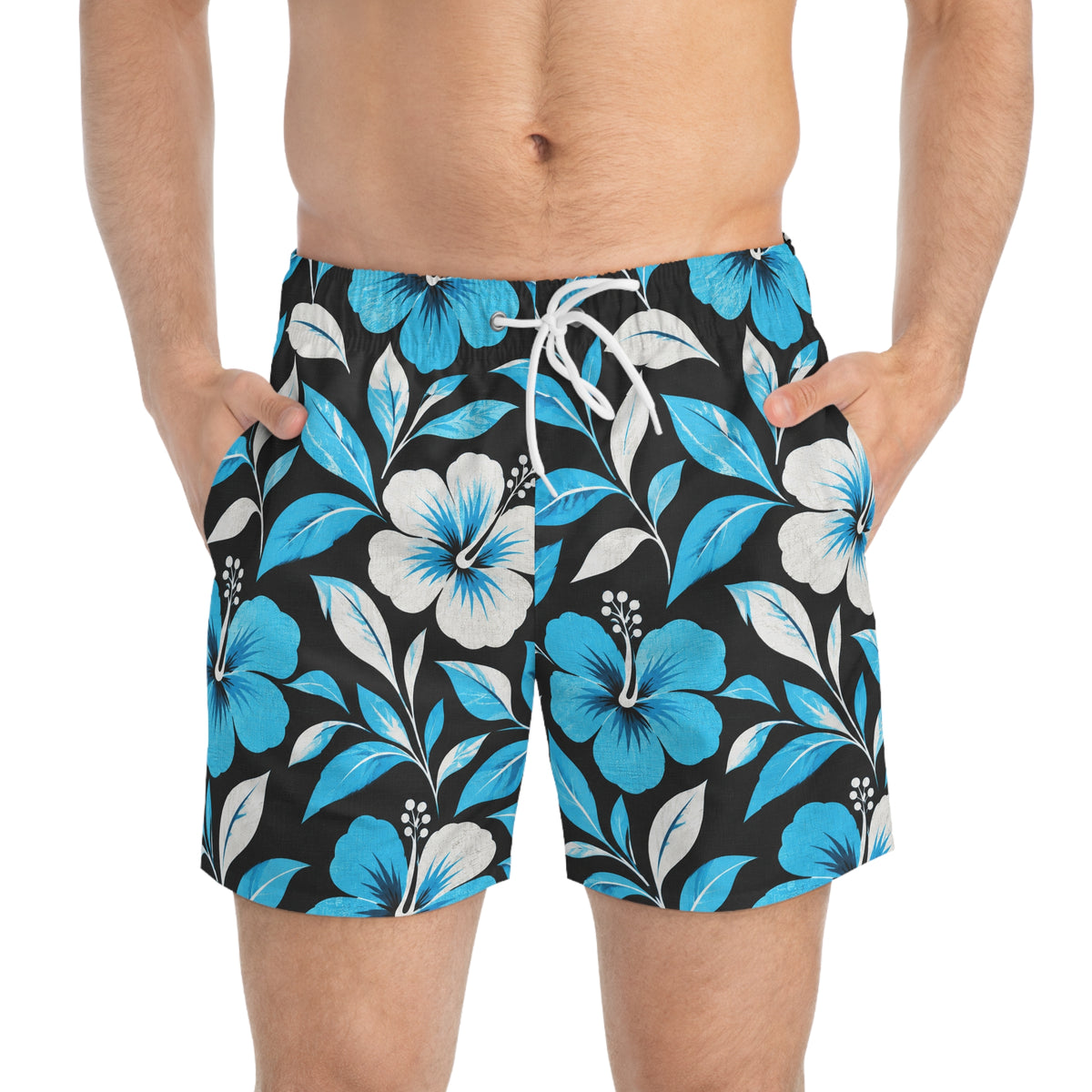 Hibiscus Floral Swim Trunks — Blue & White Tropical Beach Shorts