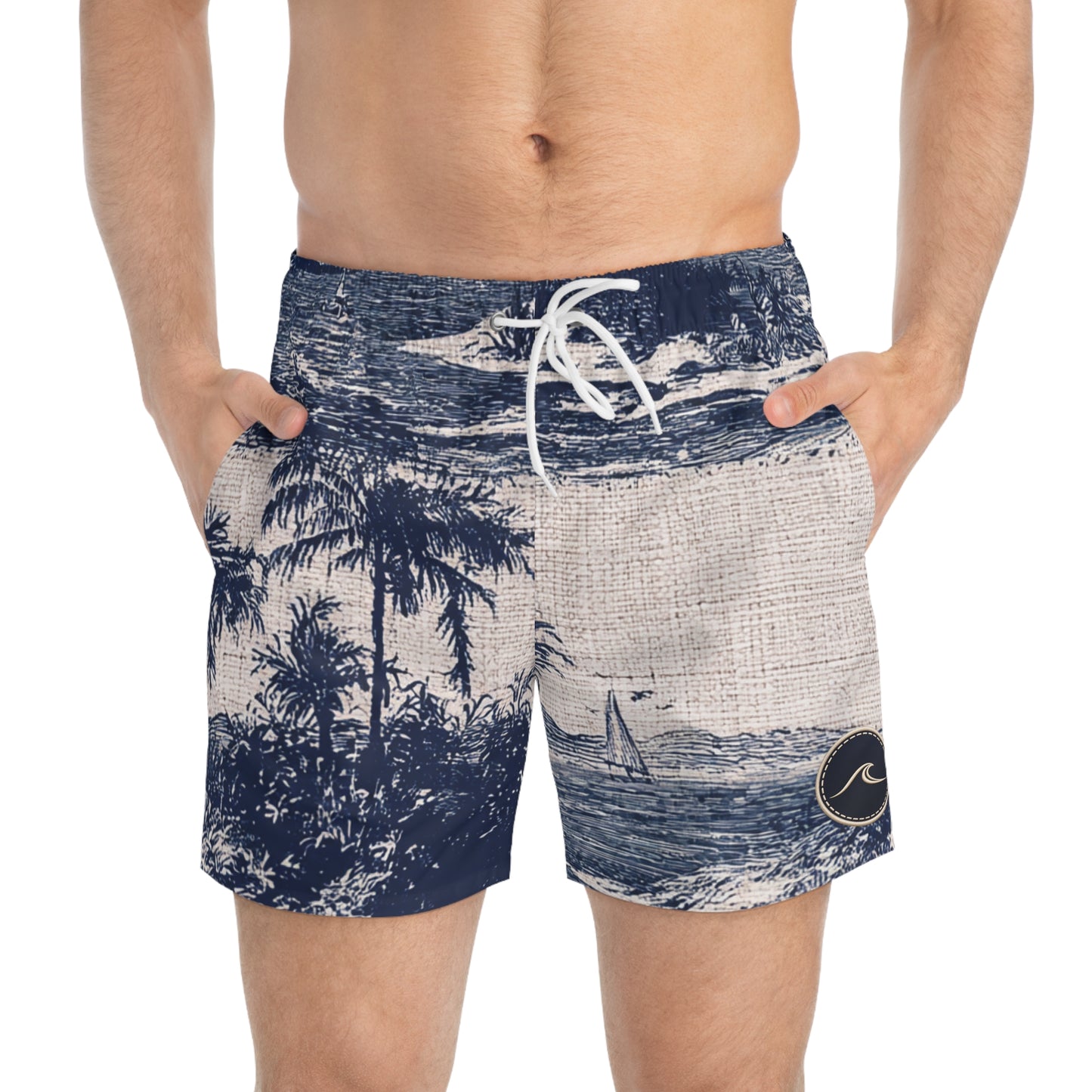Surfache Vintage Coastal Swim Trunks — Retro Palm Tree & Sailboat Print