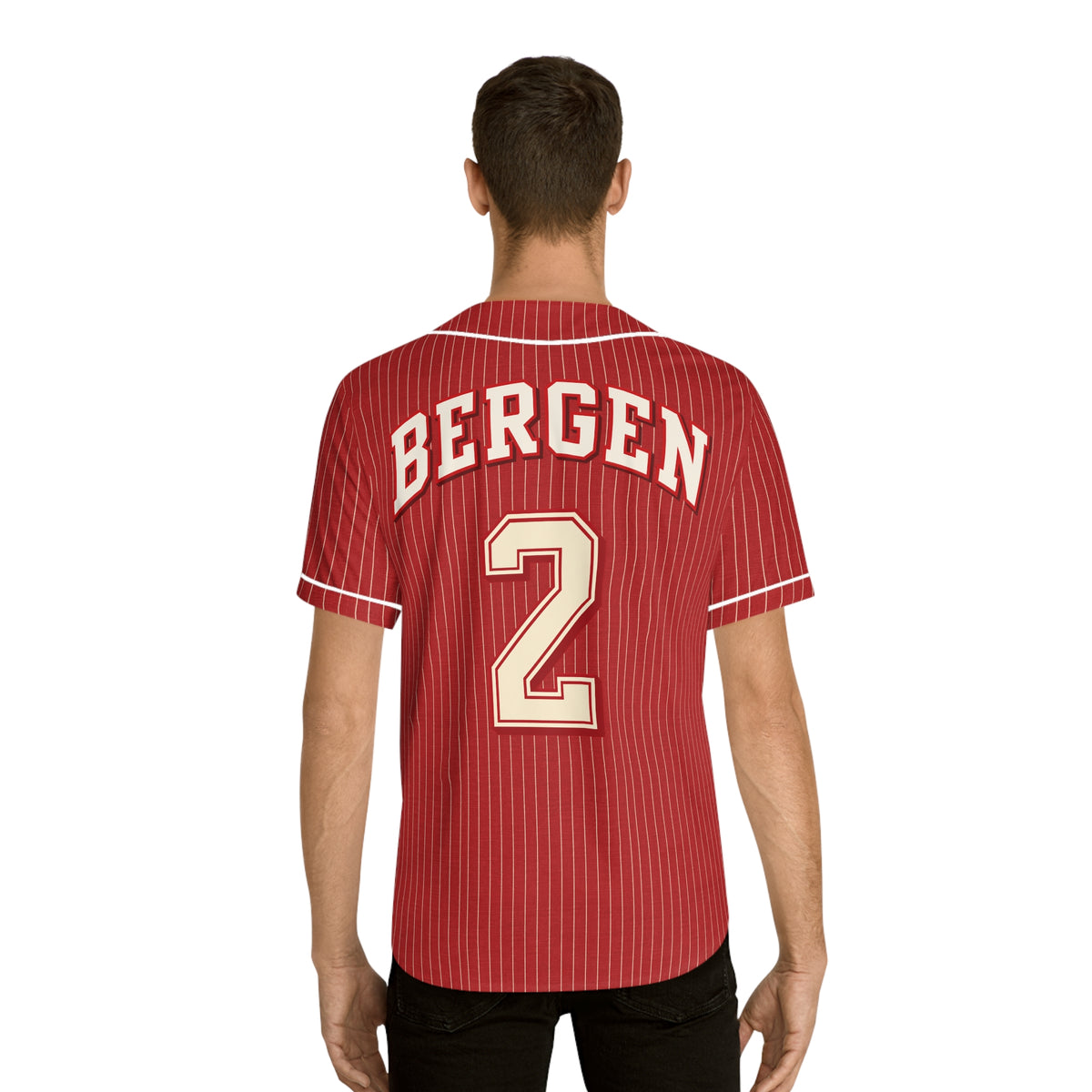 Bergen Wrigley Field Retro Red Pinstripe Baseball Jersey