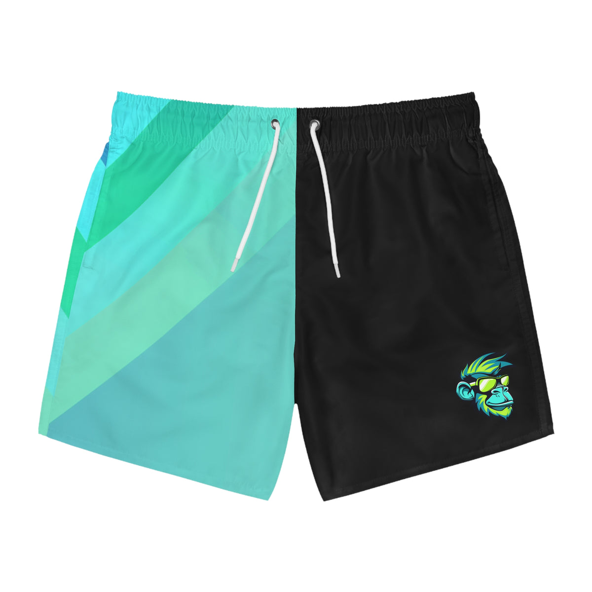 Men's Split-Panel Swim Trunks — Teal Gradient with Small Tropical Monkey Logo