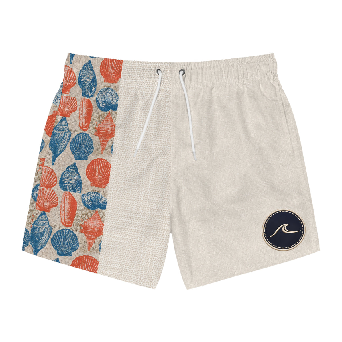 Sanibel Island Inspired Beach Shell Print Swim Trunks – Coral & Navy Split Design