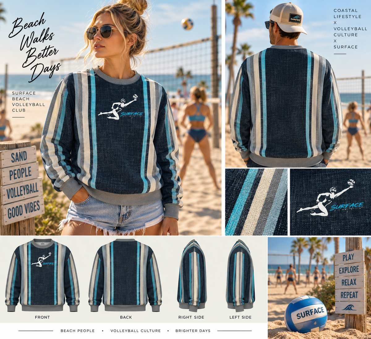 Casual Surface Beach Volleyball Club Steetwear Recycled Sweatshirt — Striped Modern