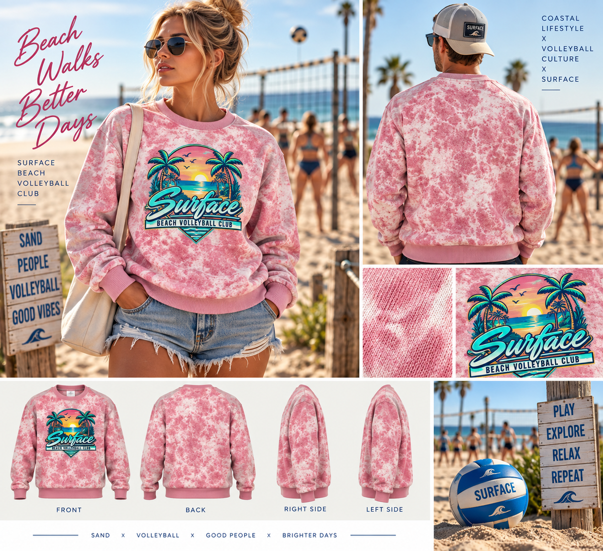 Surface Acid Washed Sublimated Recycled Sweatshirt — Retro Beach Volleyball Club Graphic Crewneck