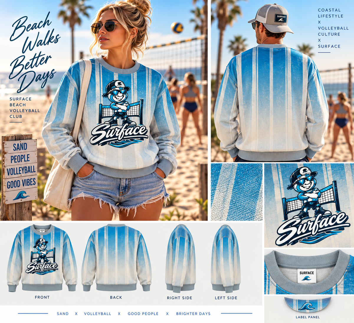 Surface Mascot Sublimated Recycled Sweatshirt — Retro Beach Volleyball Club Graphic Crewneck
