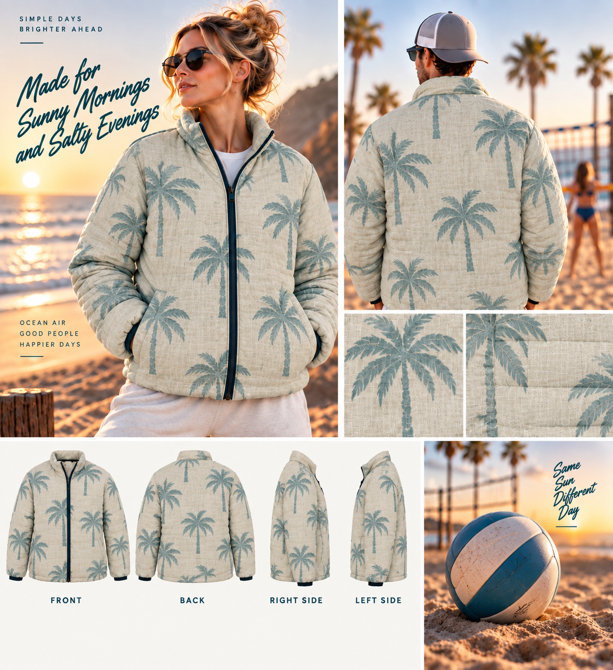 Palm Print Puffer Jacket — Vintage Beach Palm Tree Quilted Jacket