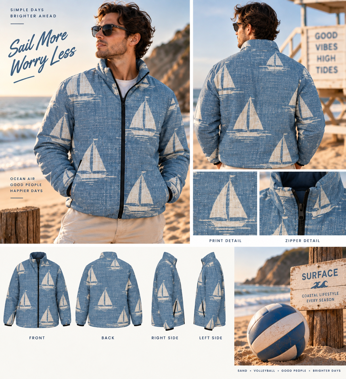 Sailboat Pattern Puffer Jacket