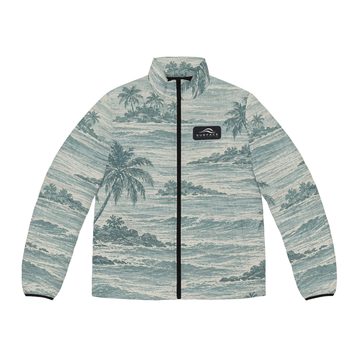 Surface Beach Volleyball Club Men’s Puffer Jacket – Vintage Tropical Ocean Palm Tree Print