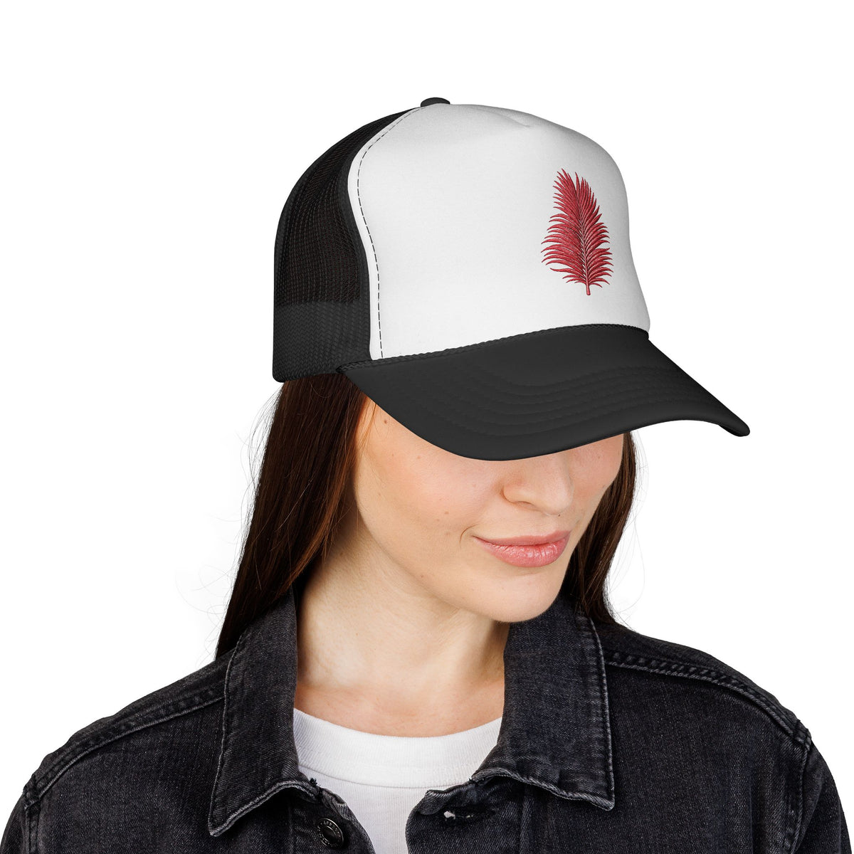 Surfache Palm Embroidered Trucker Cap — Minimal Red Feather Mesh Hat