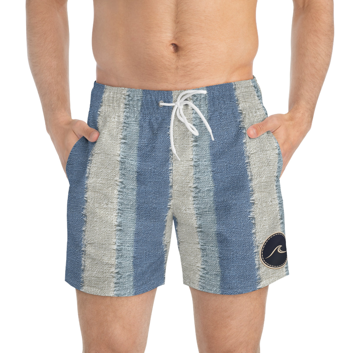 Surfache Striped Blue Swim Trunks — Casual Surf Logo Beach Shorts