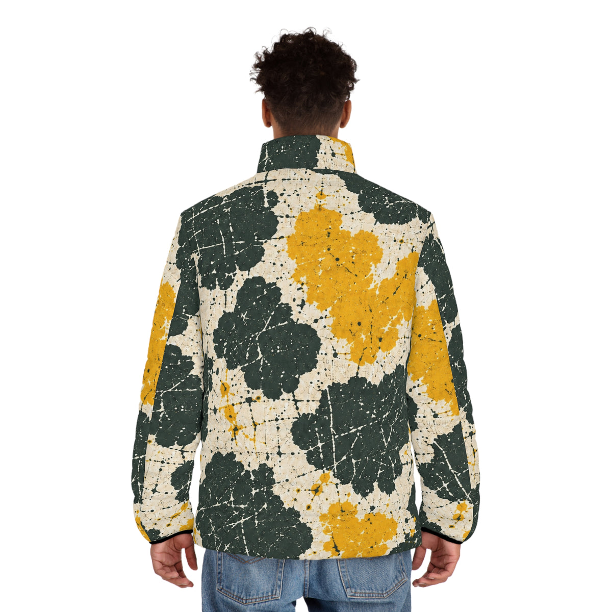 Moo Crew Call The Herd Puffer Throwback Colorway Men’s Abstract Blue, Navy & Yellow Printed Puffer Jacket