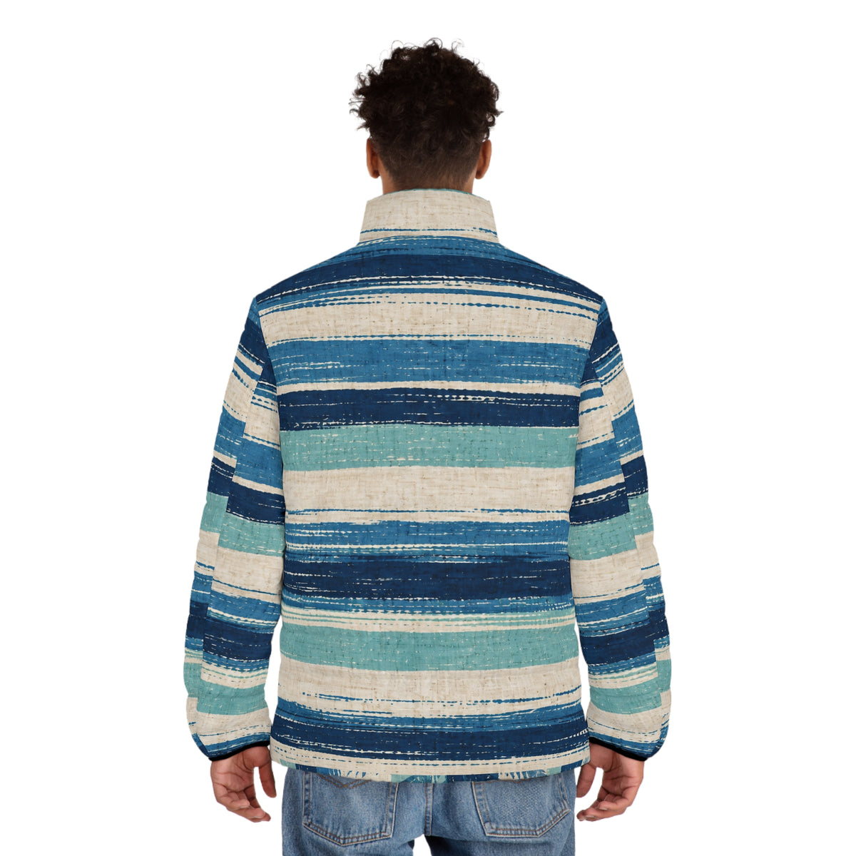 Men’s Puffer Jacket – Blue Coastal Striped Outdoor Jacket