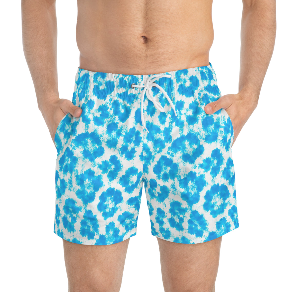 Blue Tie-Dye Swim Trunks — Tropical Beach Swim Shorts