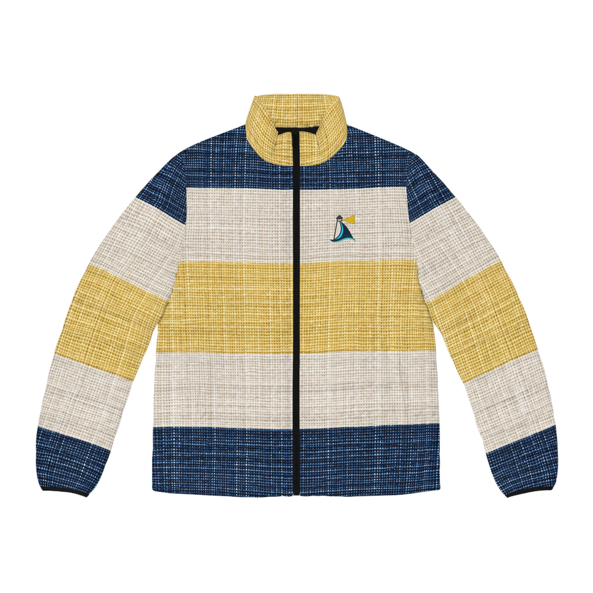 Striped Nautical Puffer Jacket — Men's Sailboat Embroidered Outerwear