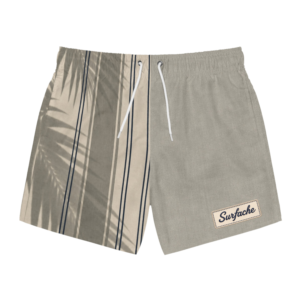 Surfache Swim Trunks — Neutral Palm Stripe All-Over Print Swim Shorts
