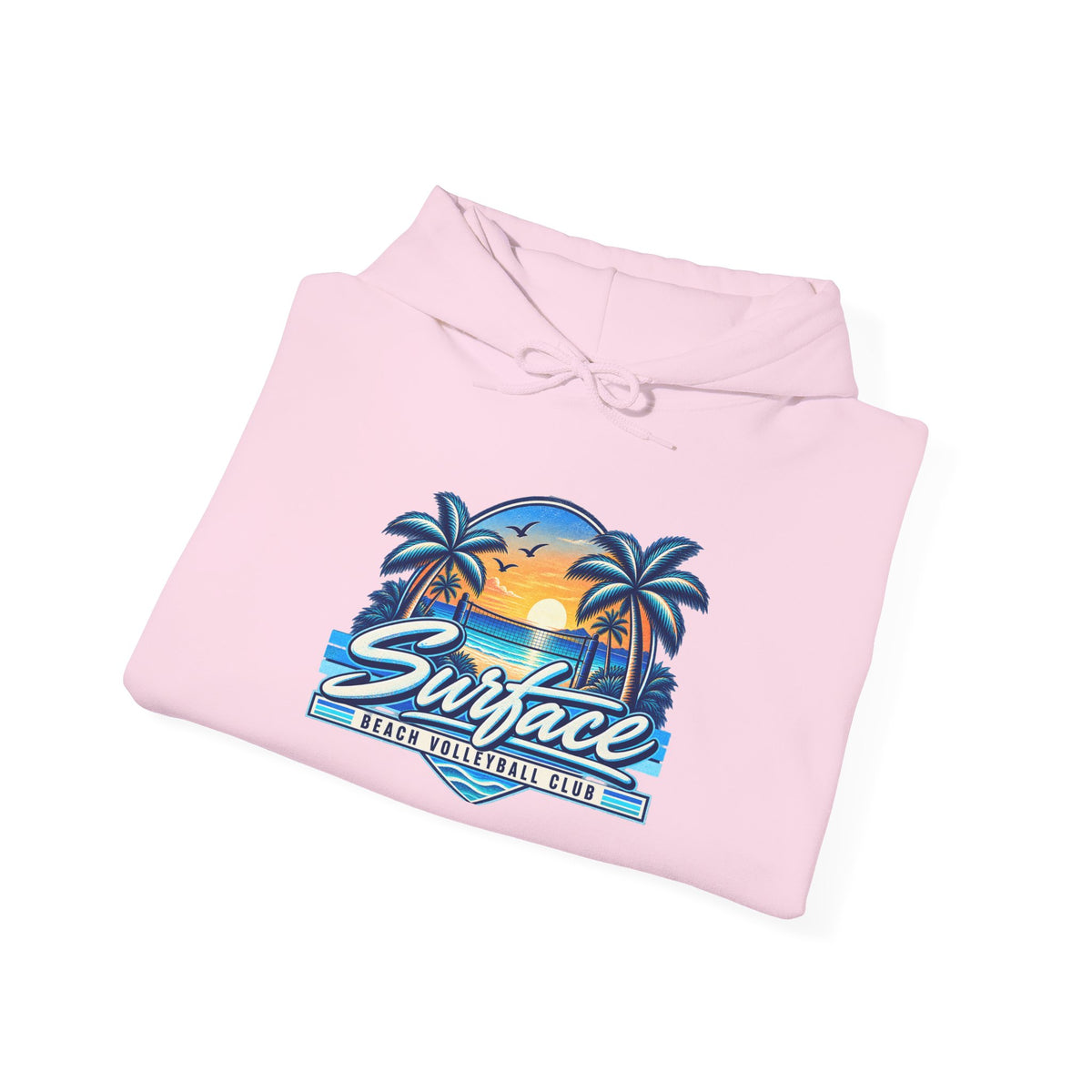Surface Beach Club Hoodie — Retro Palm Sunset Surf Graphic