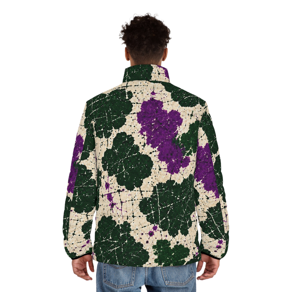 Moo Crew Calling the Here WI Teams Men's Abstract Purple and Green Holstein Puffer Jacket