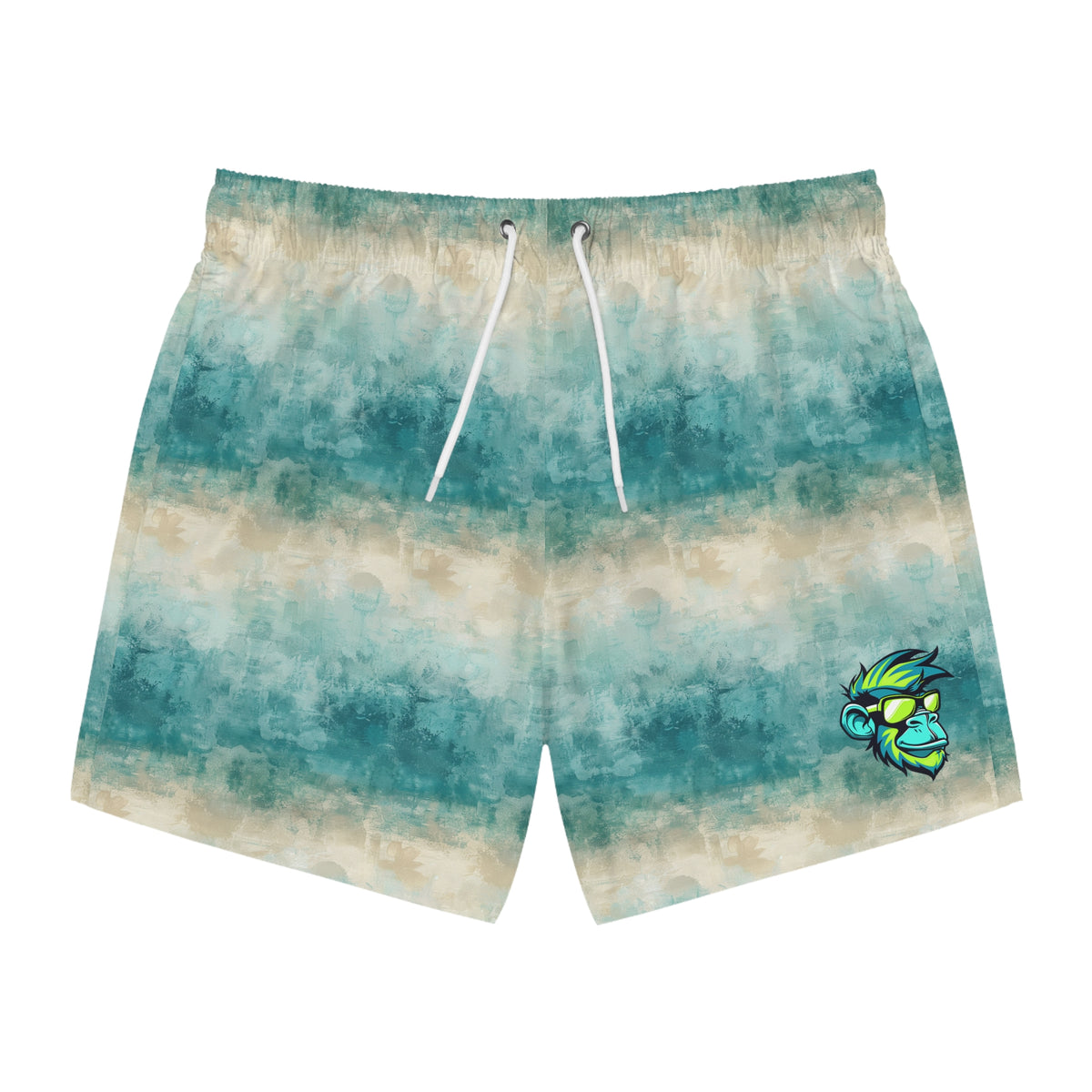 Men's Teal Beach Wave Swim Trunks — All-Over Print with Surf Skull Accent