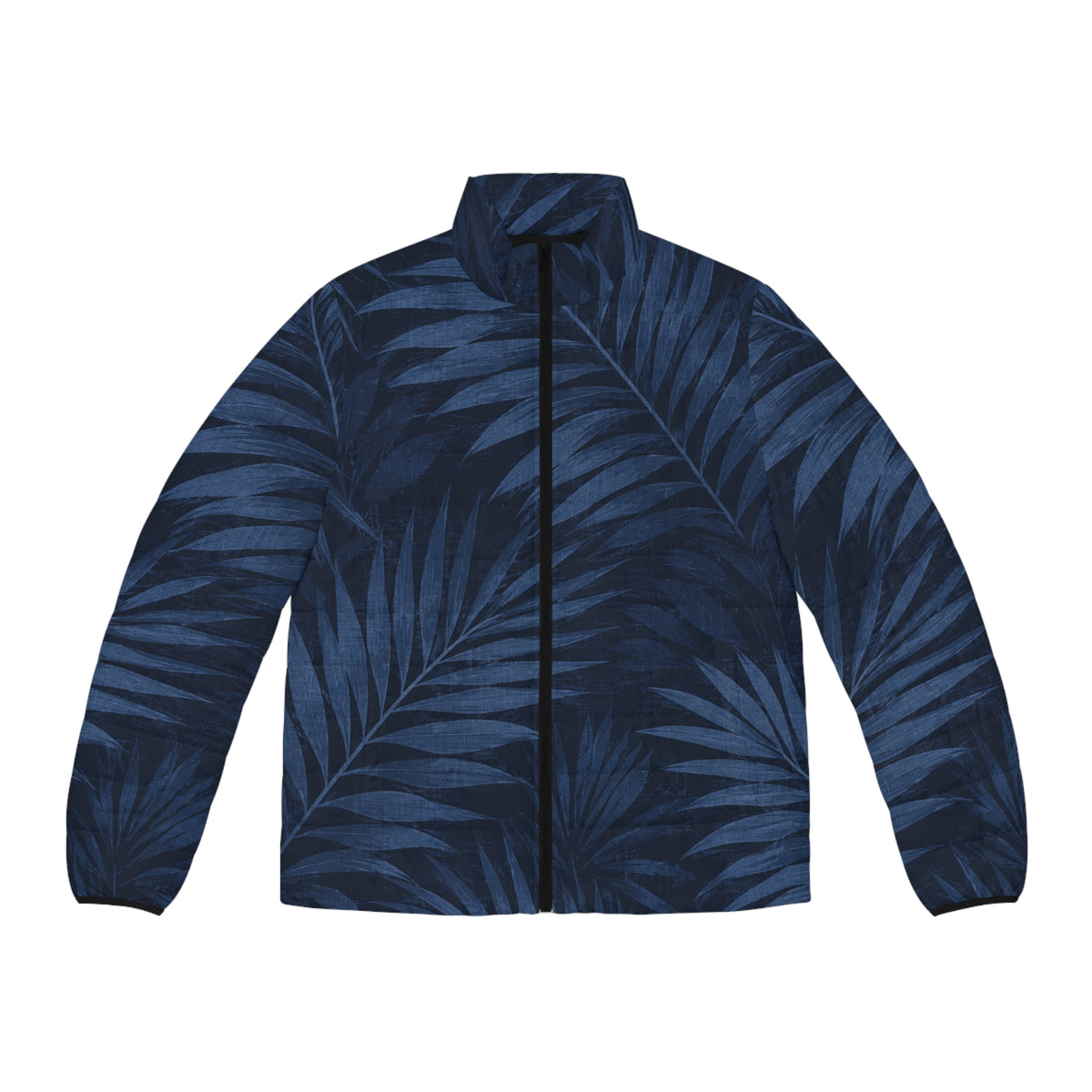 Men's Navy Palm-Print Puffer Jacket — Lightweight Tropical Quilt