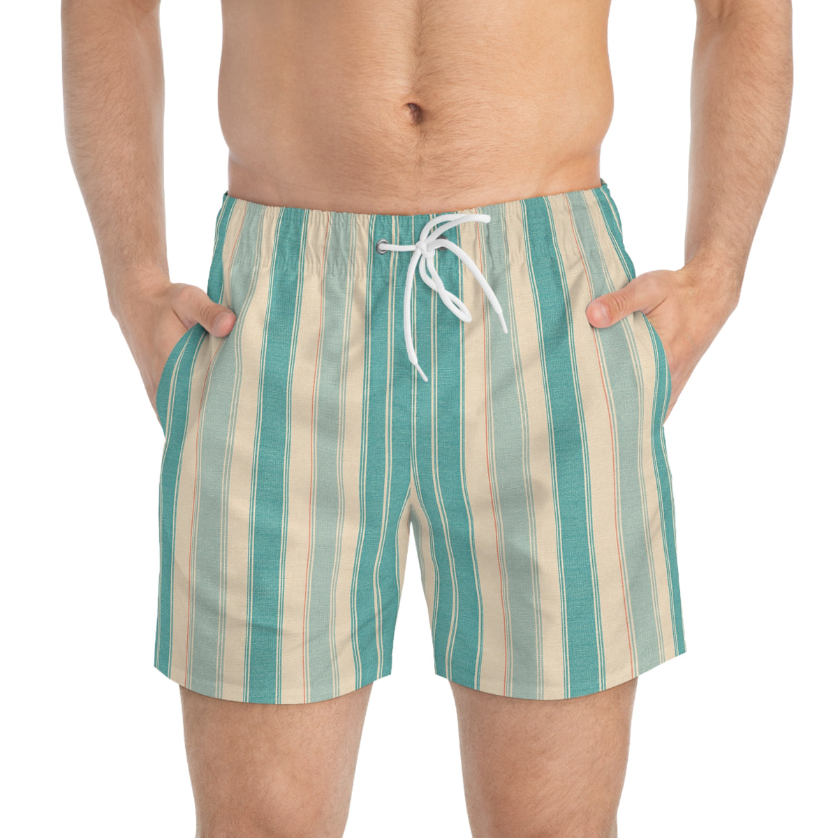 Aqua Beach Stripe Swim Trunks — Retro Teal & Cream Men's Swim Shorts