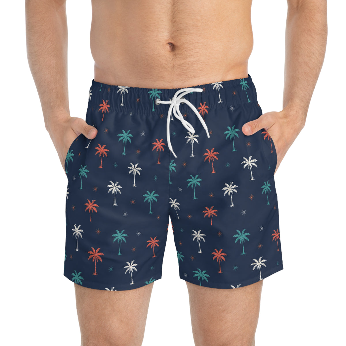 Navy Palm Print Swim Trunks — Retro Tropical Men's Beach Shorts