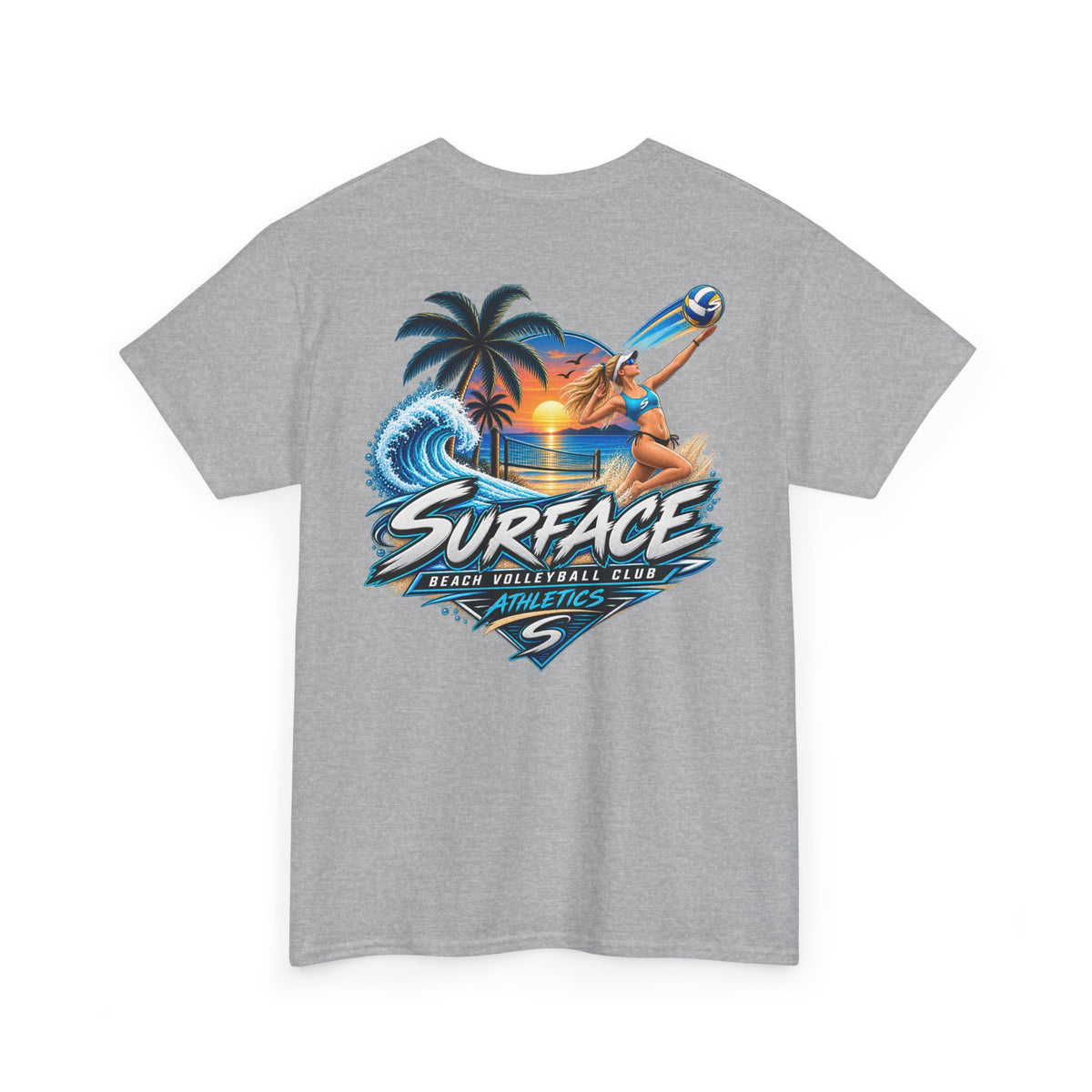 Surface Beach Volleyball Tee — Sunset Wave Palm Graphic T‑Shirt