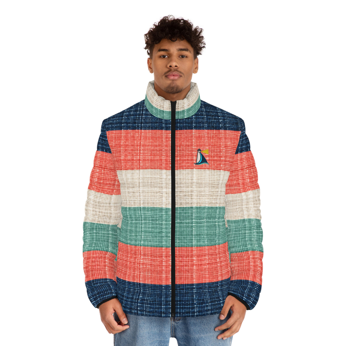 Beach Club Collective Harbor Stripe Puffer Jacket with Colorful Sailboat Chest Logo