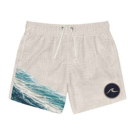 Surfache Coastal Wave Swim Trunks — Linen-Texture Beach Shorts with Ocean Print
