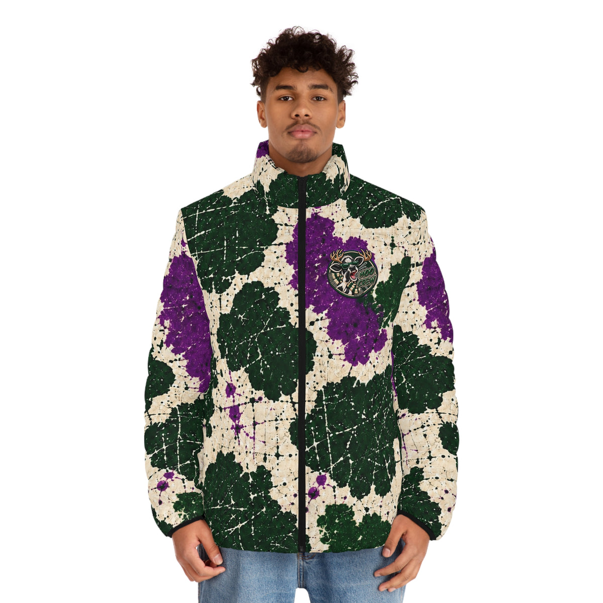 Moo Crew Calling the Here WI Teams Men's Abstract Purple and Green Holstein Puffer Jacket