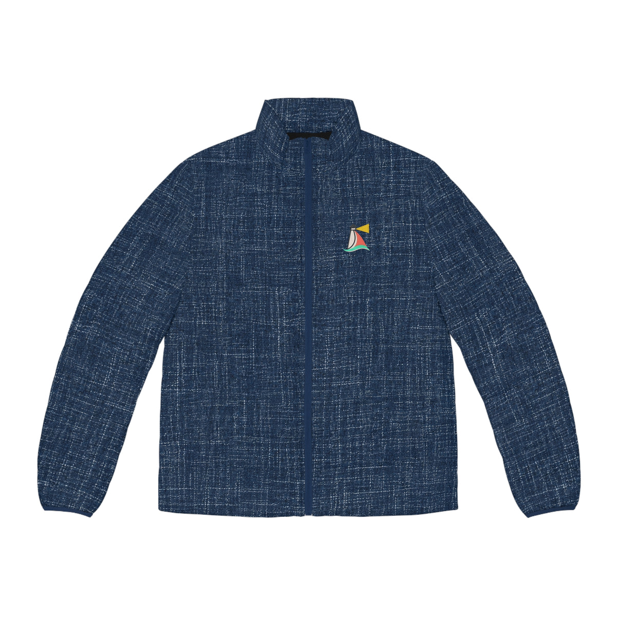 Beach Club Collective Navy Textured Puffer Jacket with Colorful Sailboat Chest Logo