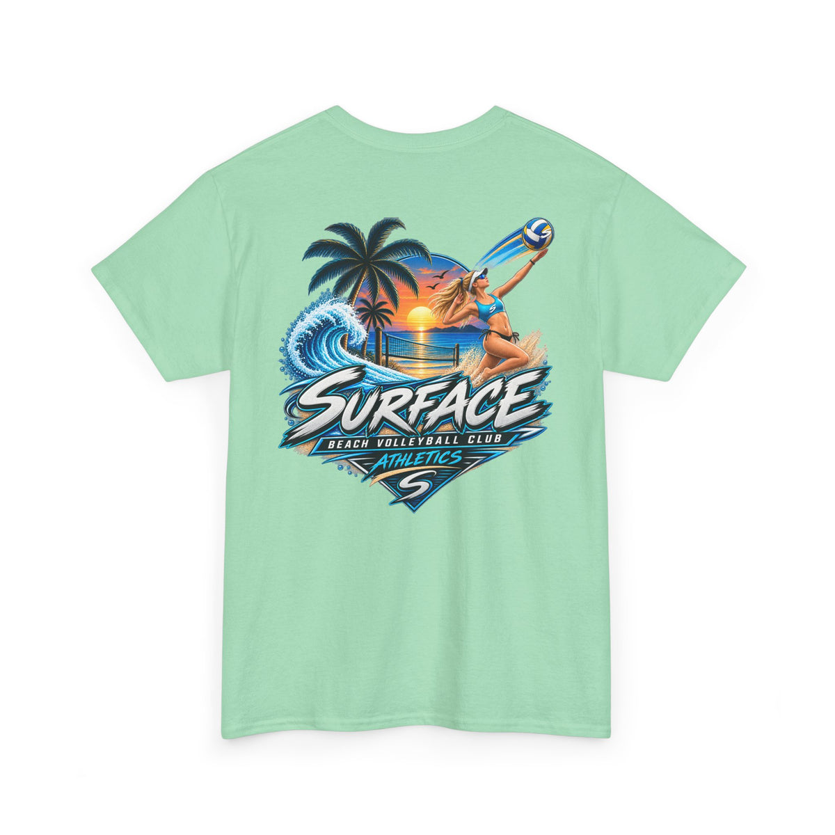 Surface Beach Volleyball Tee — Sunset Wave Palm Graphic T‑Shirt