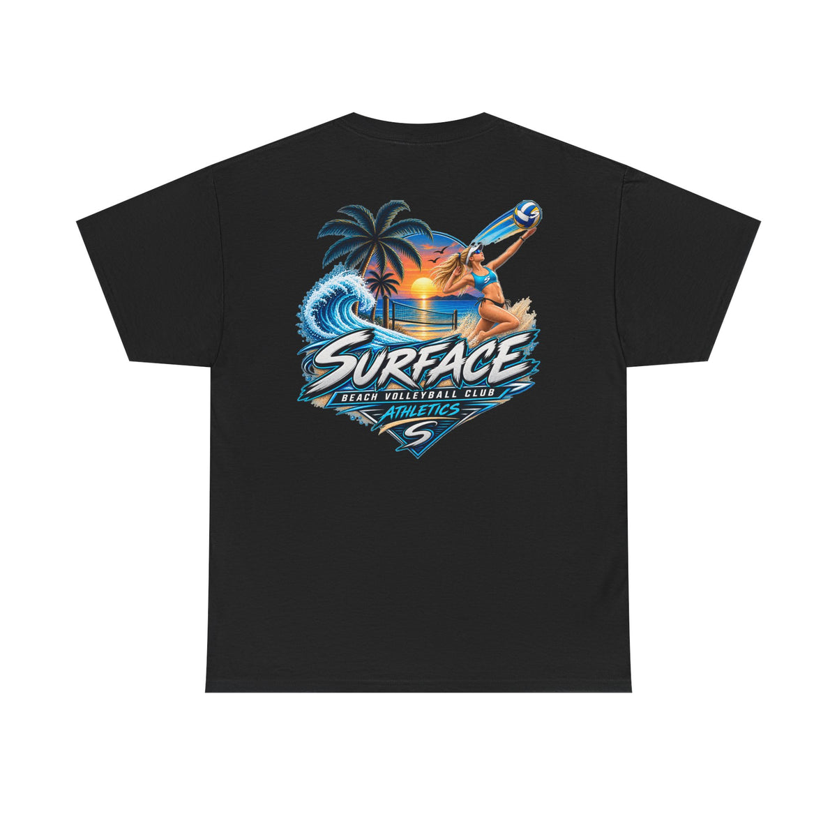 Surface Beach Volleyball Tee — Sunset Wave Palm Graphic T‑Shirt