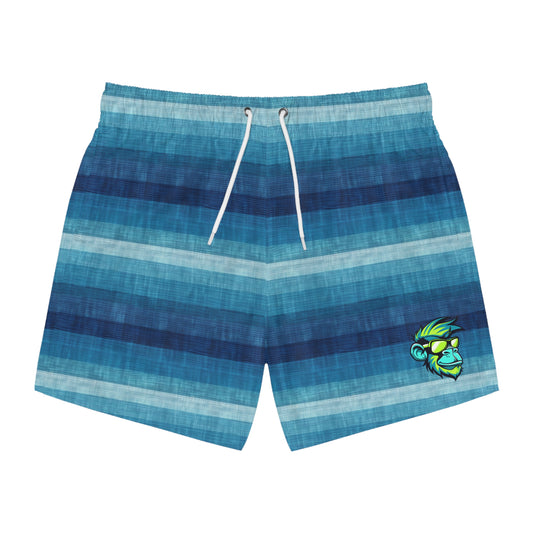 Blue Striped Swim Trunks with Tropical Monkey Logo