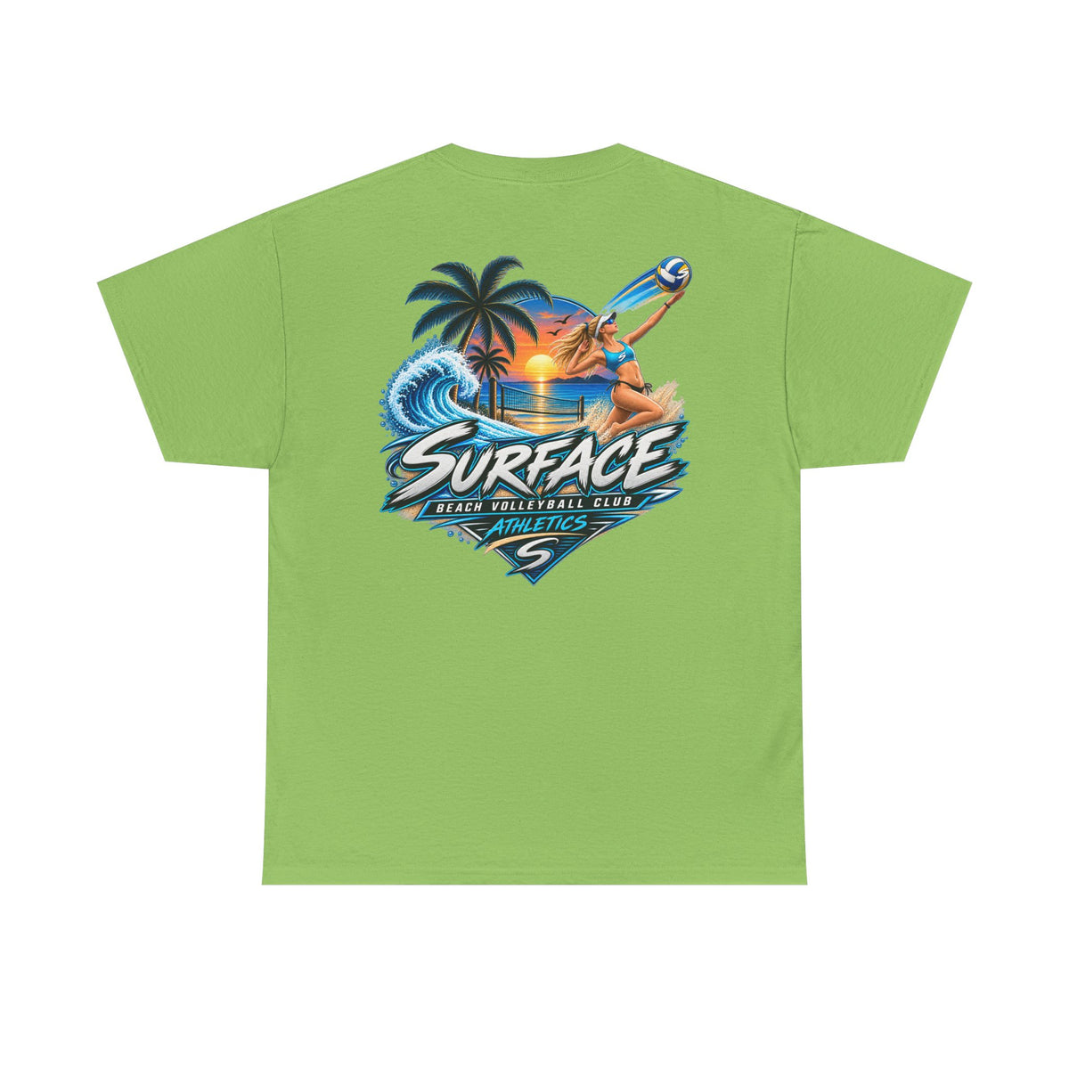 Surface Beach Volleyball Tee — Sunset Wave Palm Graphic T‑Shirt