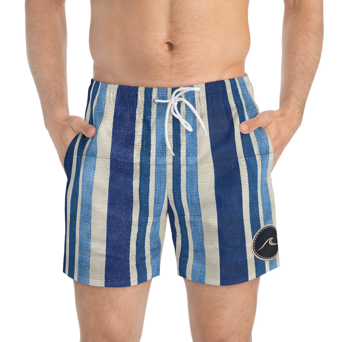 Surfache Men's Blue Striped Swim Trunks — Coastal Beach Shorts with Wave Patch