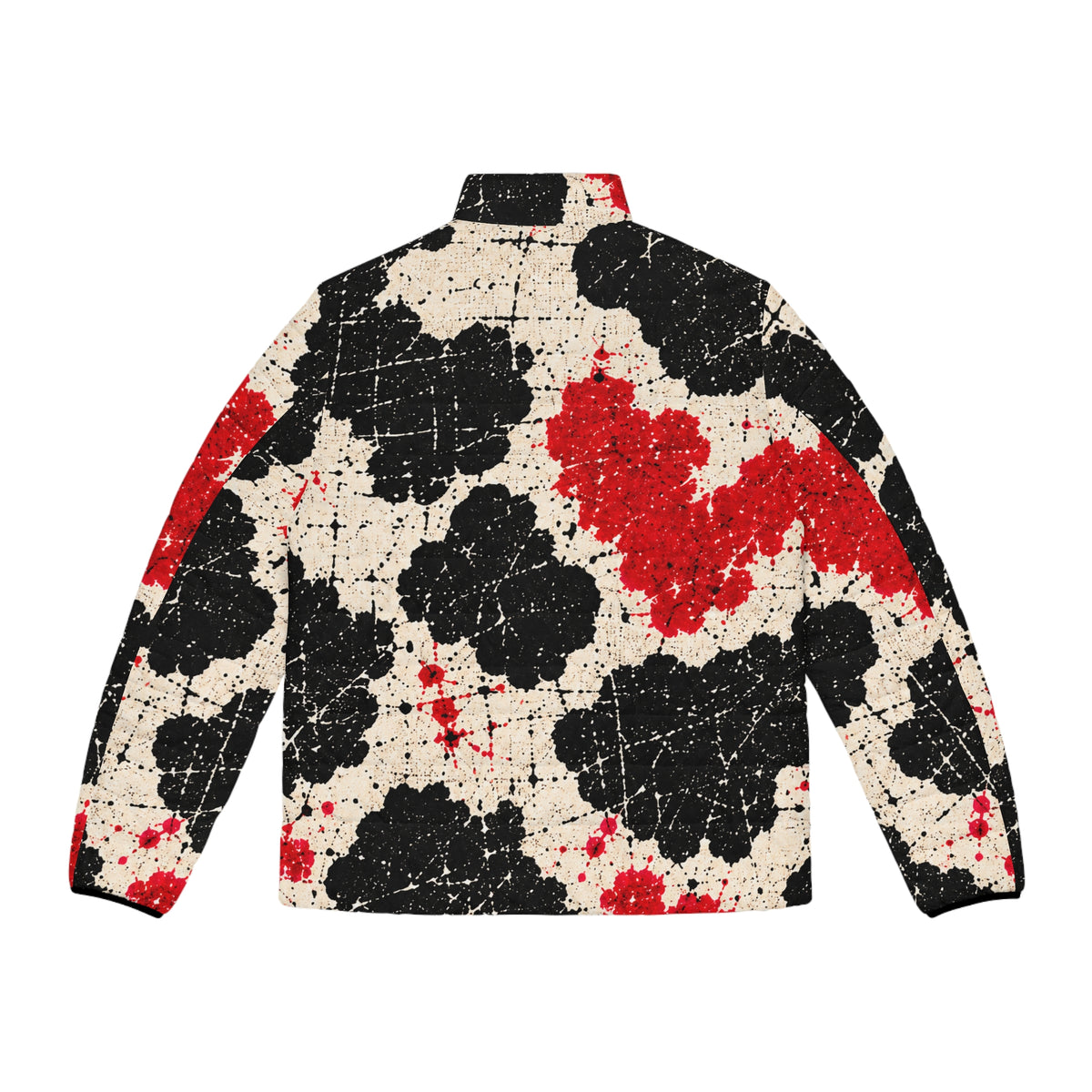 Moo Crew Calling The Here Men’s Puffer Jacket – Red, Black & Cream Abstract Splatter Print