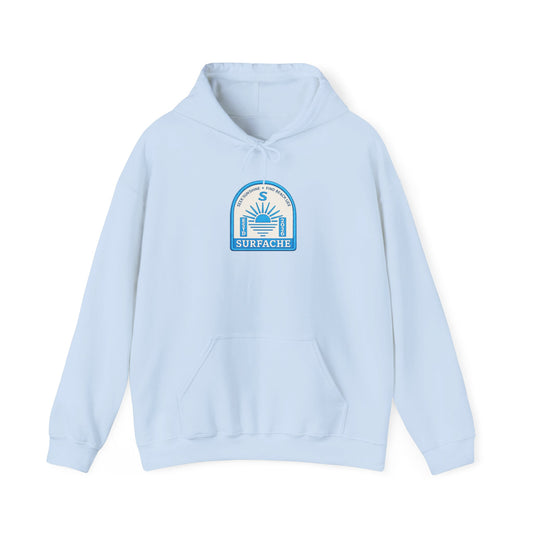 Surfache Vintage Badge Hoodie — Coastal Sunset Surf Brand Sweatshirt