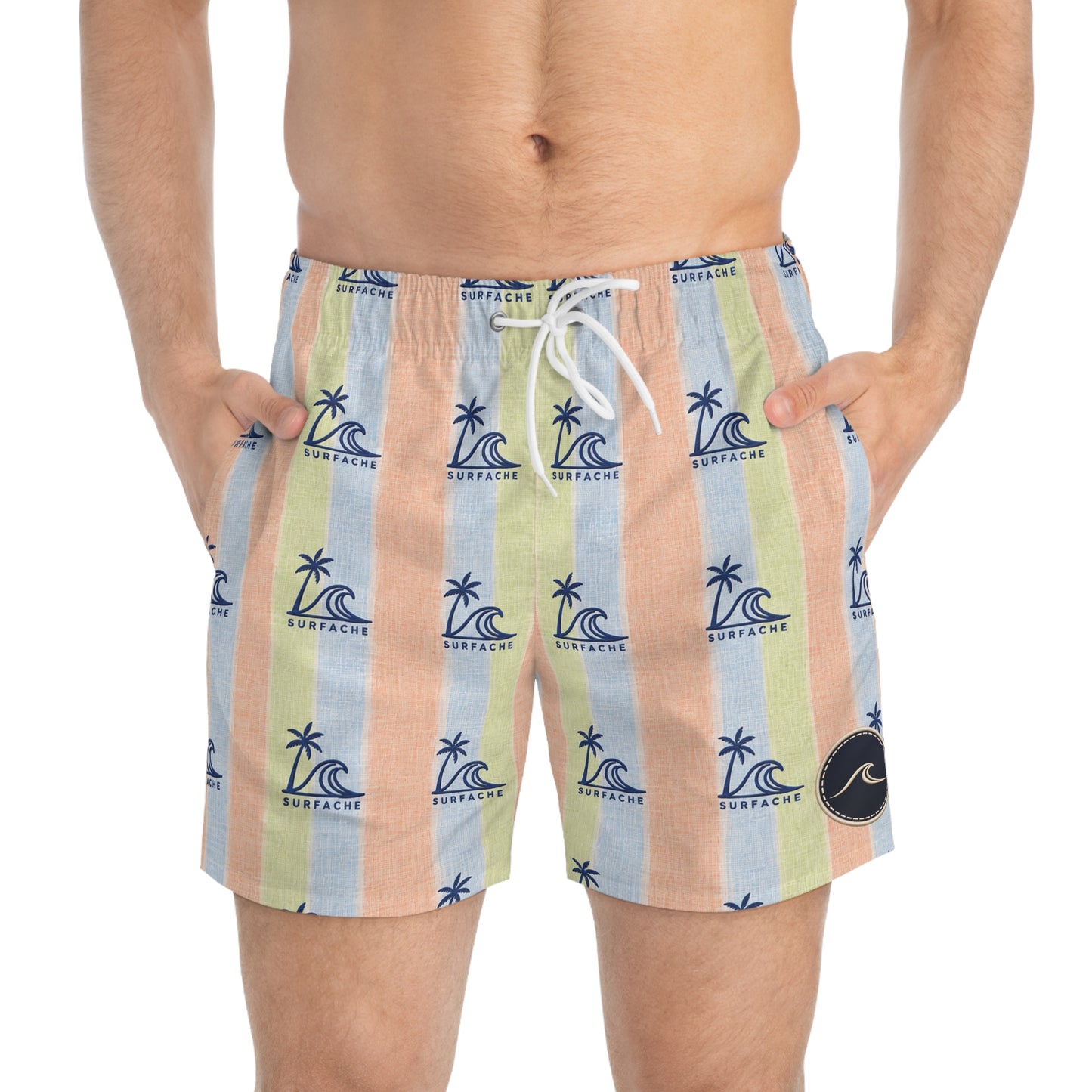 Surfache Men's Striped Palm Tree Swim Trunks — Pastel Beach Print
