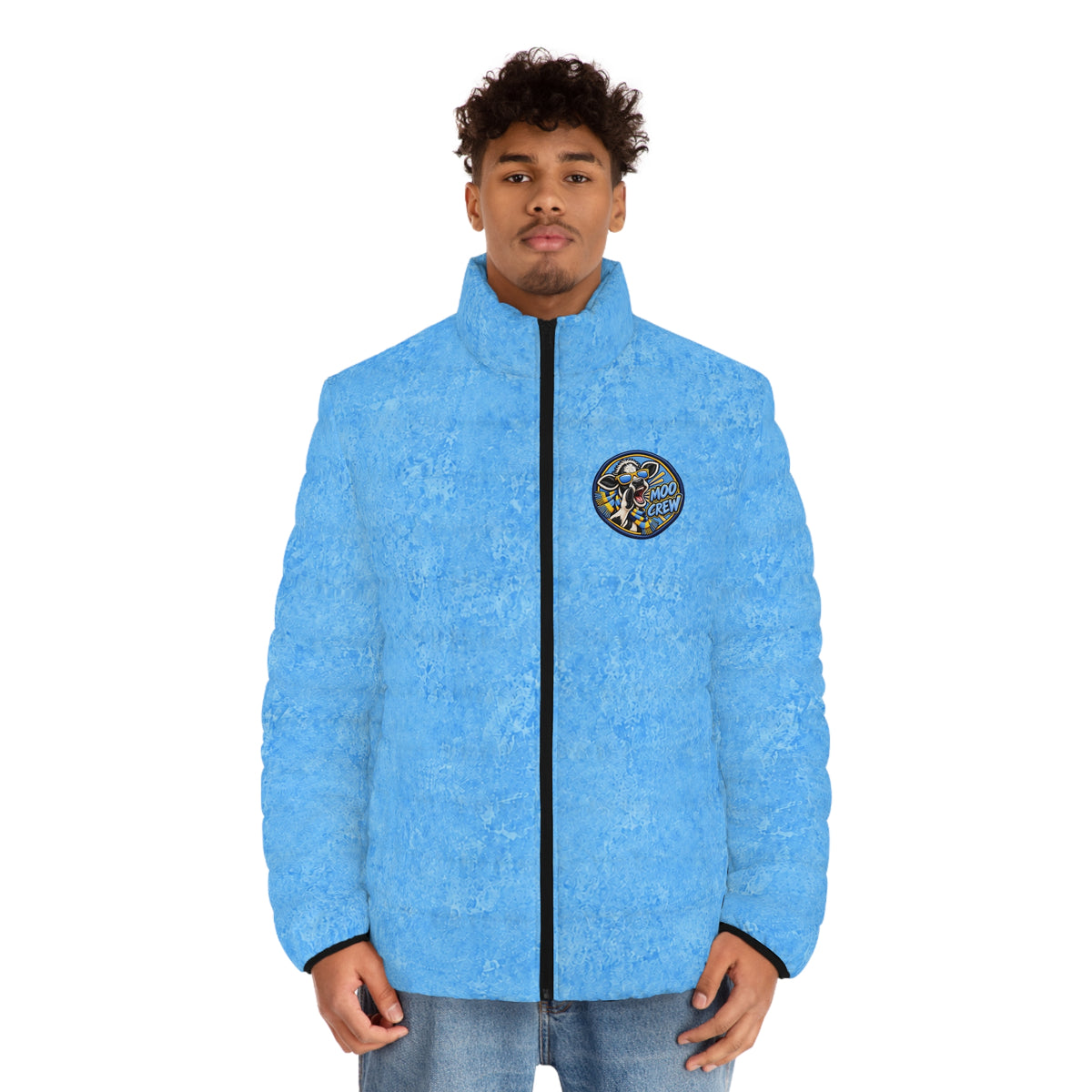 Moo Crew Call The Herd Puffer Men’s Abstract Blue Printed Puffer Jacket