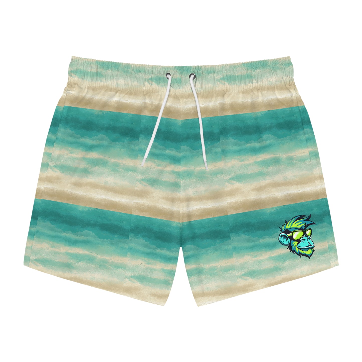 Aqua Stripe Swim Trunks — Coastal Teal Beach Shorts with Surf Bird Logo