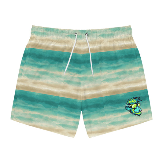Aqua Stripe Swim Trunks — Coastal Teal Beach Shorts with Surf Bird Logo