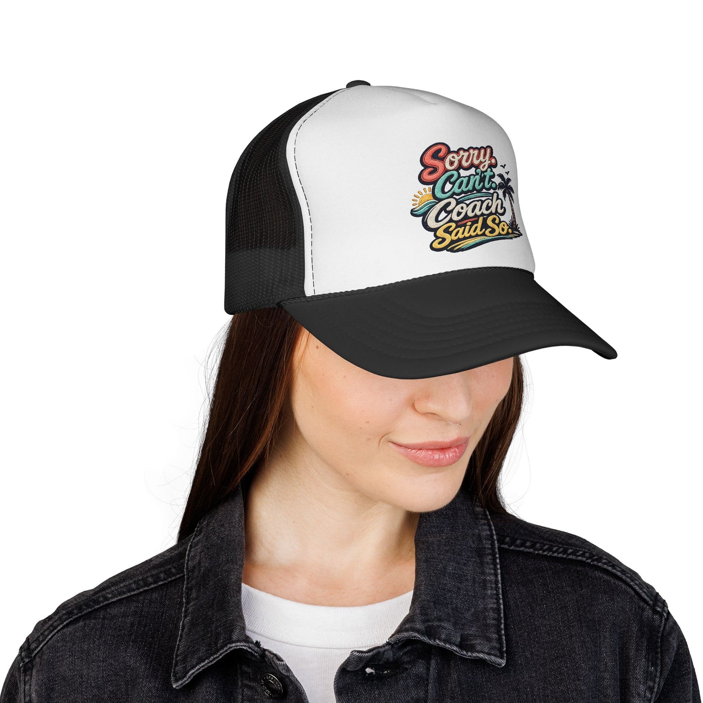 Sorry Can't — Trucker Cap with Retro Beach Coach Graphic