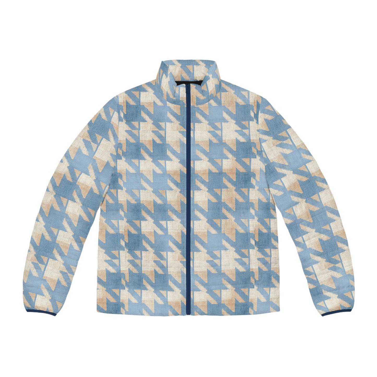 Puffer Jacket — Soft Blue Houndstooth All-Over Print